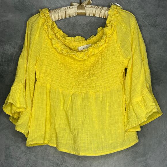 Love Tree Top Women Lg Babydoll Yellow Cotton Flare Sleeve Boho Hippie Peasant - Picture 1 of 9